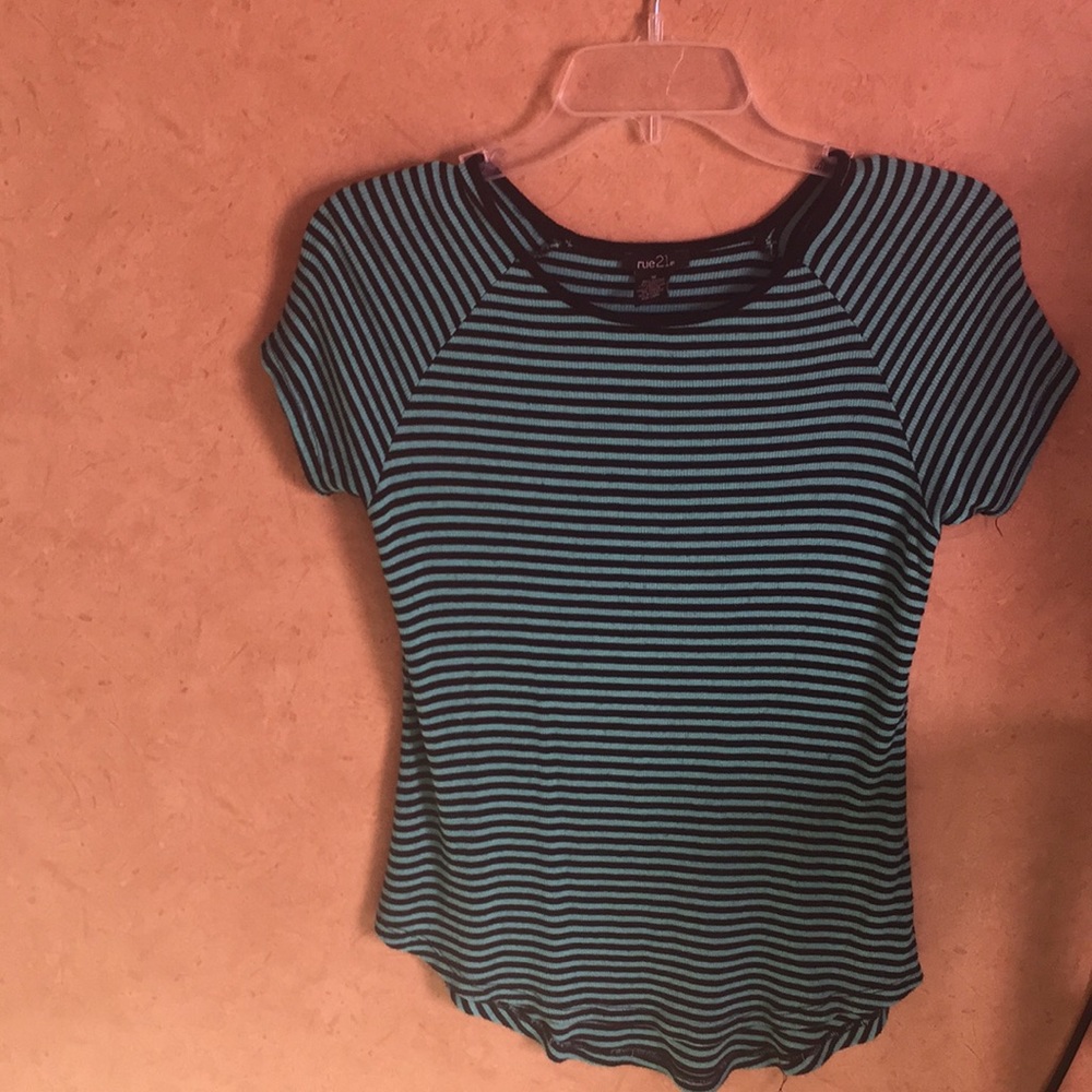 A blue and black stripe knit type shirt